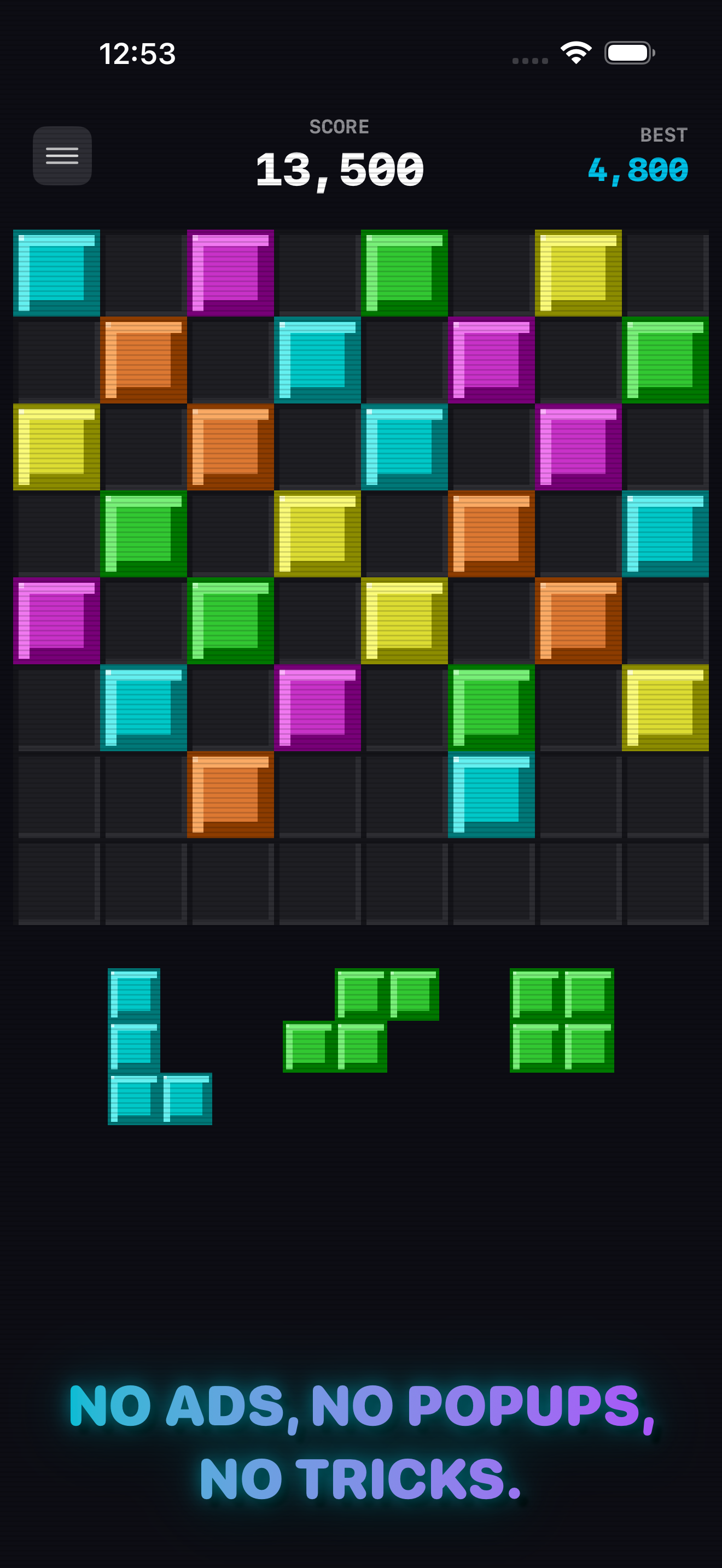 Endless mode mid-play with a high score on the line — the board ~40% full, the next-piece tray showing three upcoming shapes