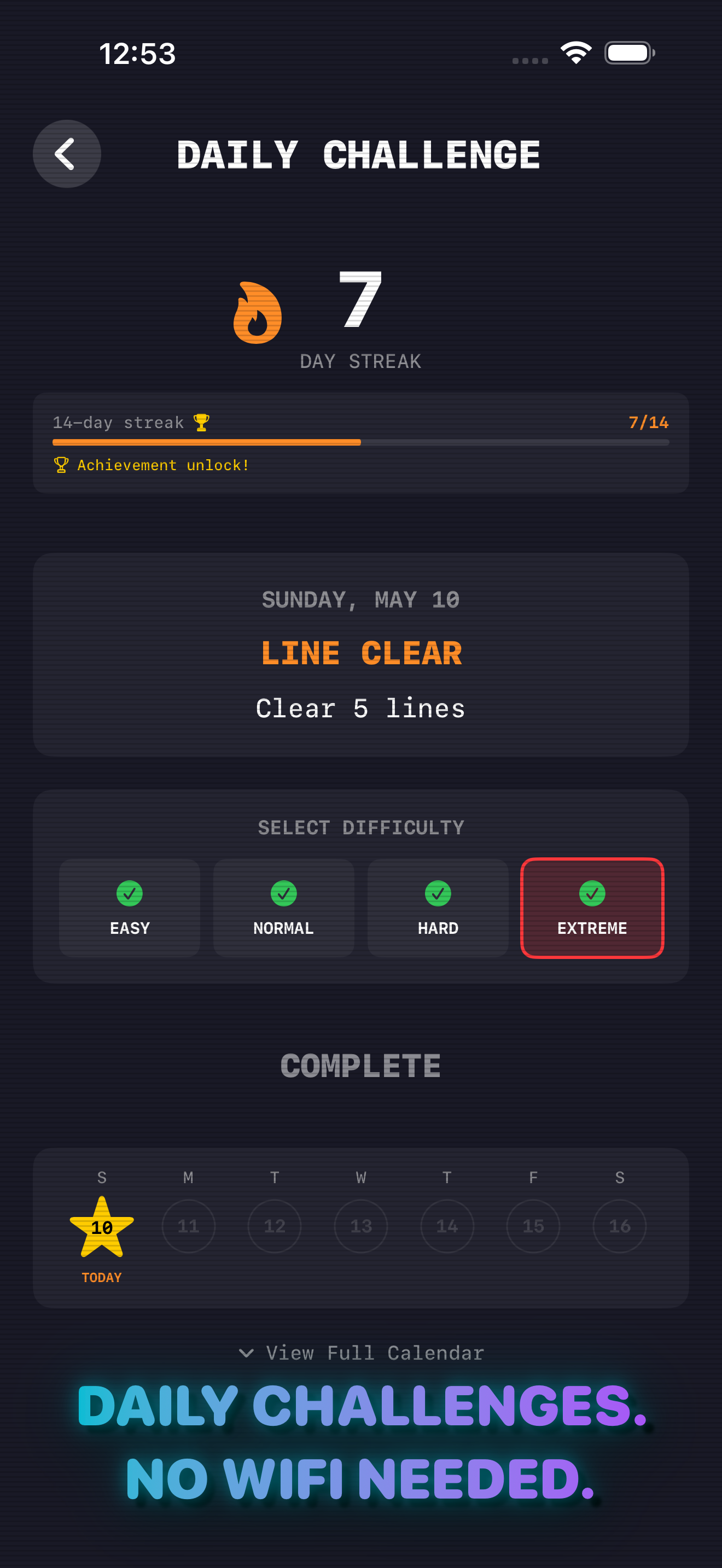 Daily Challenge mode showing a 7-day streak counter and a calendar of completed days
