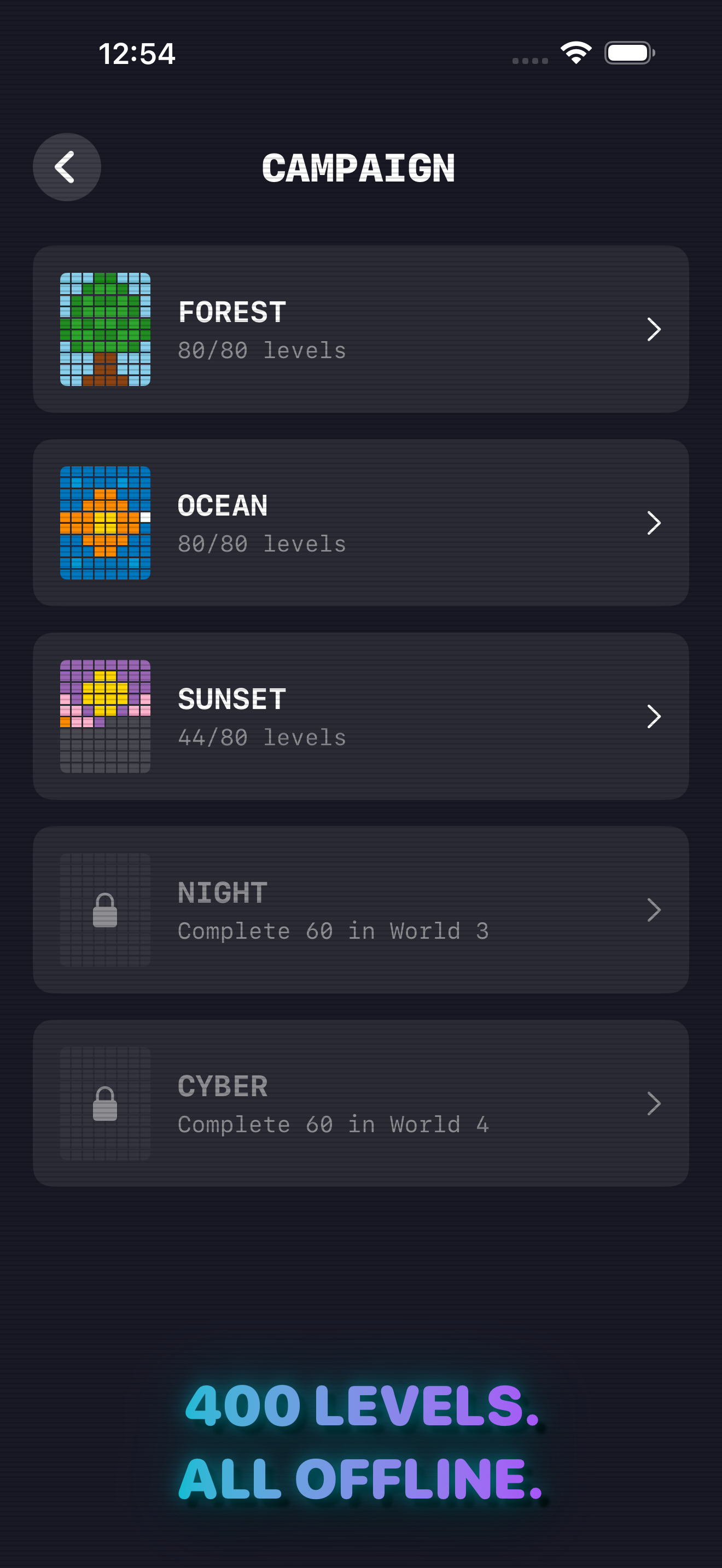 Campaign mode world grid — five themed worlds with completed levels revealing pixel-art world images